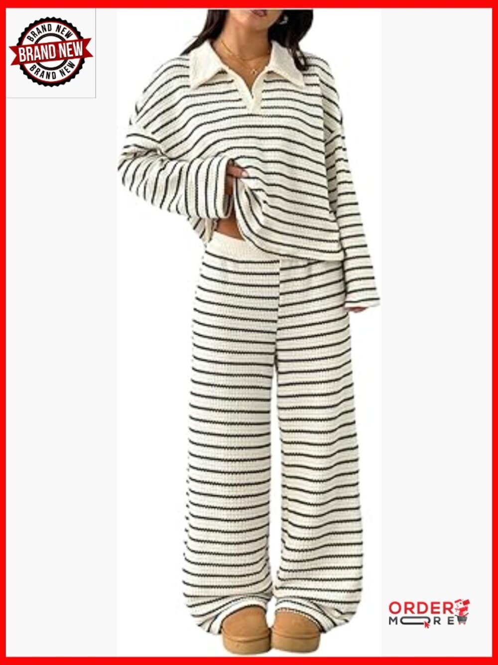 Two Piece Striped Fall Outfit Collared Top Wide Leg Pants Set Petite